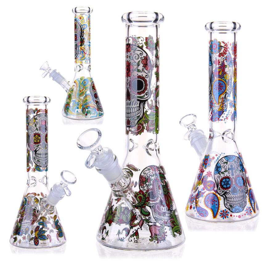 10″ Sugar Skulls Glass Bong Beaker Water Pipe - Colors May Vary - (1 Count)