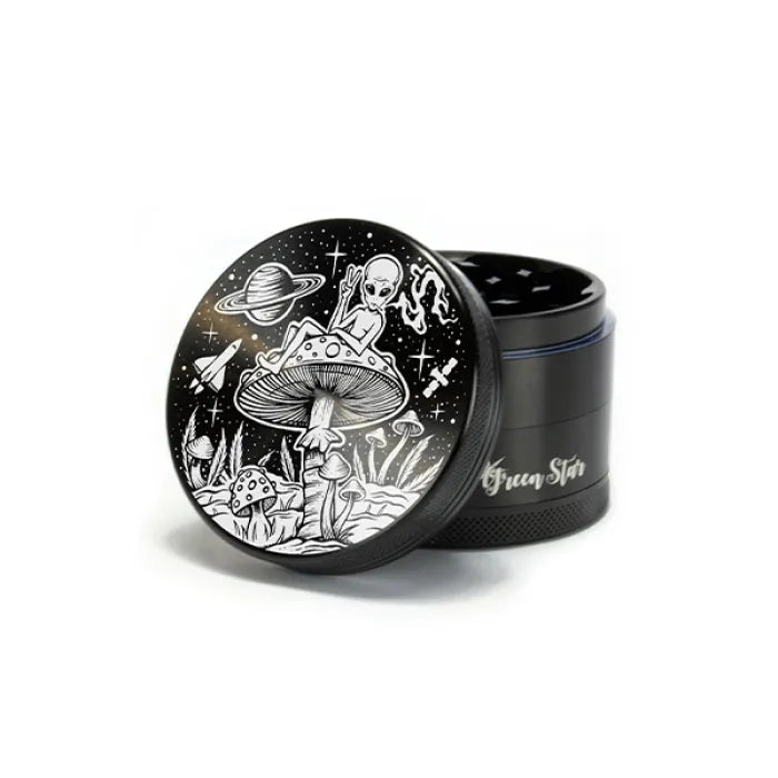 GREEN STAR 2.5" GRINDER - ALIEN SITTING ON MUSHROOM
