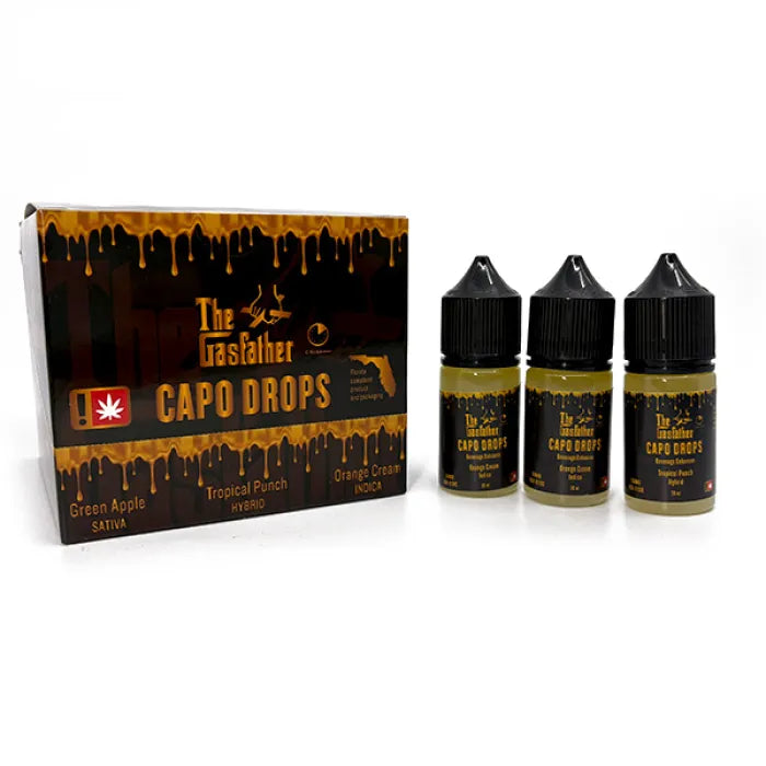 THE GASFATHER CAPO DROPS THC THCP D8 30ML 9CT - GREEN APPLE SATIVA / TROPICAL PUNCH HYBRID / ORANGE CREAM INDICA