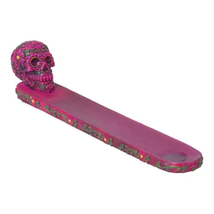 FUJIMA 10" FLOWER SUGAR SKULL INCENSE BURNER IB40 - PURPLE /GREEN