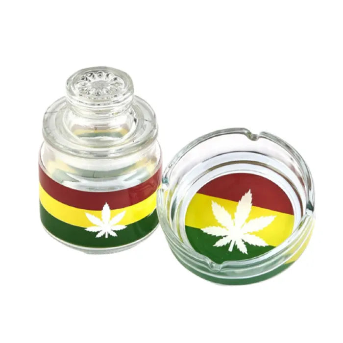 GLASS STASH JAR & ASHTRAY - 82425 LEAF DESIGN