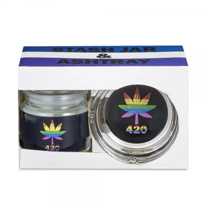 GLASS STASH JAR & ASHTRAY - 82535 RAINBOW LEAF DESIGN