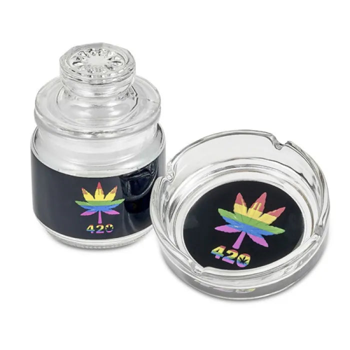 GLASS STASH JAR & ASHTRAY - 82535 RAINBOW LEAF DESIGN